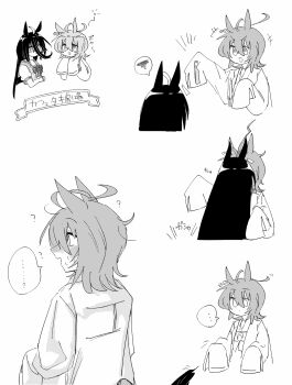 Rule 34 | ..., 2girls, ?, absurdres, agnes tachyon (umamusume), ahoge, blush, bow, bowtie, coat, emphasis lines, gachitamago, grey background, hair between eyes, highres, holding, holding test tube, kiss, lab coat, long hair, long sleeves, manhattan cafe (umamusume), motion lines, multicolored hair, multiple girls, open clothes, open coat, open mouth, sailor collar, short hair, simple background, sleeves past fingers, sleeves past wrists, smile, spoken ellipsis, spoken question mark, spoken squiggle, squiggle, surprise kiss, surprised, test tube, translation request, umamusume, very long hair, white background, yuri