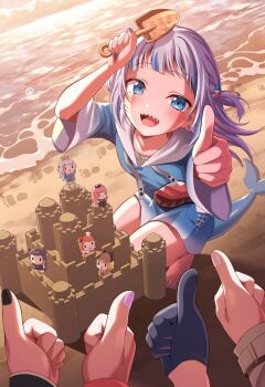 5girls barefoot beach black_nails bloop_(gawr_gura) blue_eyes blue_hair blue_hoodie building_sand_sculpture chibi fins fish_tail gawr_gura gawr_gura_(1st_costume) highres hololive hololive_english holomyth hood hood_down hoodie long_hair mori_calliope mori_calliope_(1st_costume) multiple_girls ninomae_ina&#039;nis ninomae_ina&#039;nis_(1st_costume) ocean one_side_up pink_nails pov sand sand_castle sand_sculpture setsuna_(l9in1cszw3f6qsq) shark_tail sharp_teeth solo_focus sunset tail takanashi_kiara takanashi_kiara_(1st_costume) teeth thumbs_up virtual_youtuber watson_amelia watson_amelia_(1st_costume)