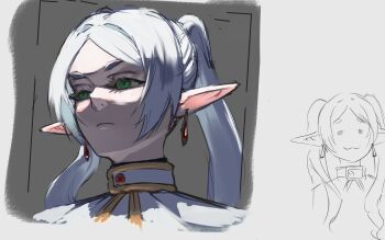 1girl absurdres commentary doodle_inset double-parted_bangs earrings english_commentary frieren green_eyes high_ponytail highres jewelry jiejiepen meme pointy_ears ponytail portrait serious solo sousou_no_frieren tassel tassel_earrings upward_angle_frieren_drawing_(meme) white_hair