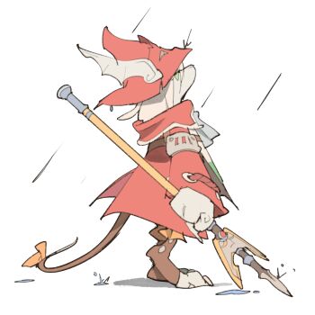 1girl absurdres armor bow burmecian clawed_feet coat final_fantasy final_fantasy_ix freya_crescent full_body grey_hair hair_between_eyes helmet highres holding holding_polearm holding_weapon mouse_girl mouse_tail polearm rain red_coat red_helmet shoulder_armor sketch solo standing tabard tail tail_bow tail_ornament temmie_chang weapon wet white_background winged_helmet