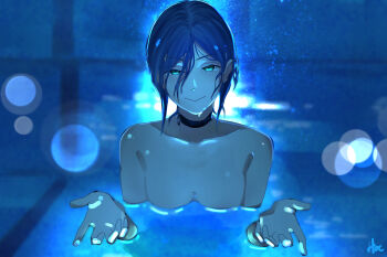 1girl black_choker blue_hair breasts chainsaw_man choker closed_mouth dantehoe9574 green_eyes grenade_pin hair_between_eyes highres i'll_teach_you_everything_(chainsaw_man) looking_at_viewer partially_submerged pool reze_(chainsaw_man) small_breasts solo wet wet_hair