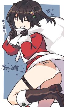 1girl ass black_boots black_gloves black_hair boots brown_eyes commentary_request gloves grin jacket kantai_collection nakadori_(movgnsk) panties red_jacket red_skirt sack santa_costume sendai_(kancolle) short_hair side-tie_panties skirt smile solo translation_request two_side_up underwear white_panties