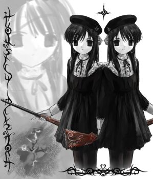 2fulun 2girls beret black_dress black_eyes black_hair black_ribbon collar commentary dress earrings empty_eyes expressionless faux_retro_artstyle frilled_collar frills gun hat highres holding holding_gun holding_weapon jewelry light_smile long_hair long_sleeves looking_at_viewer multiple_girls original palm_tree ribbon simple_background symbol-only_commentary tree weapon white_background zoom_layer