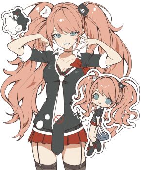 Rule 34 | 1girl, absurdres, bear hair ornament, black shirt, blonde hair, blue eyes, bow, breasts, brown thighhighs, chibi, cleavage, collarbone, danganronpa: trigger happy havoc, danganronpa (series), enoshima junko, garter straps, grin, hair ornament, highres, large breasts, long hair, looking at viewer, monokuma, nail polish, necktie, pockycat, red bow, red nails, red skirt, shirt, shirt bow, skirt, sleeves rolled up, smile, teeth, thighhighs, twintails, two-tone necktie, white necktie