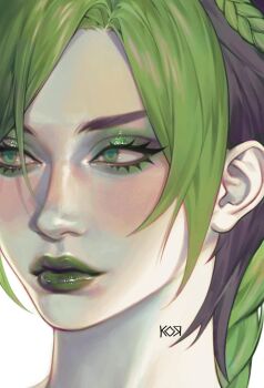 1girl black_hair close-up green_eyes green_hair green_lips highres jojo_no_kimyou_na_bouken koro_dou kuujou_jolyne lipstick makeup multicolored_hair nose portrait realistic stone_ocean two-tone_hair