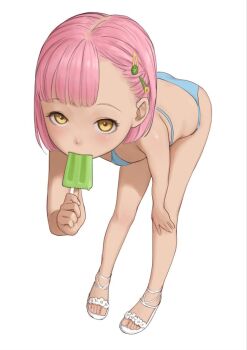 1girl asymmetrical_bangs bent_over bikini blue_bikini commentary food food_in_mouth hair_ornament hairclip hand_on_own_knee holding holding_food holding_popsicle kuroshiro00 loli looking_at_viewer looking_up original pink_hair popsicle popsicle_in_mouth sandals short_hair simple_background solo swimsuit white_background white_sandals yellow_eyes