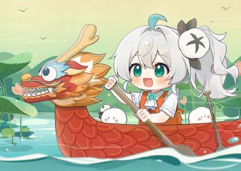 1girl :d ahoge alternate_costume bird blue_eyes boat chibi chicken commentary_request dragon dragon_boat dragon_boat_festival dress flower green_eyes green_hair hair_between_eyes hair_ornament highres holding kiana_kaslana lake long_hair lotus lotus_leaf open_mouth outdoors pond quanmian_shidai shirt short_sleeves side_ponytail smile solo teeth theresa_apocalypse water watercraft wen_xiaomian wenxiaomian_family white_hair white_shirt