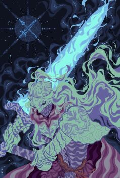 Rule 34 | 1other, ambiguous gender, armor, bloody wolf (elden ring), blue background, blue eyes, chainmail, cloak, elden ring, energy, full armor, fur cloak, gauntlets, glowing, glowing eye, glowing weapon, helmet, highres, jawwydee, long hair, mage staff, moonlight greatsword, over shoulder, plume, sigil, solo, staff, sword, sword over shoulder, tarnished (elden ring), upper body, weapon, weapon over shoulder