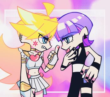 Rule 34 | 1boy, 1girl, angel, angry, asymmetrical clothes, black jumpsuit, black nails, blonde hair, blue eyes, blunt bangs, breasts, choker, colored inner hair, commentary request, cousins, crop top, earrings, girly boy, hair over one eye, hatake (hatanosuke), highres, jewelry, jumpsuit, long hair, midriff, miniskirt, multicolored hair, navel, official style, panty &amp; stocking with garterbelt, panty (psg), pink hair, polyurethane (psg), purple hair, short hair, single pantsleg, skirt, sleeveless jumpsuit, smile, tongue, tongue out, triangle earrings, two-tone hair, waist ribbon
