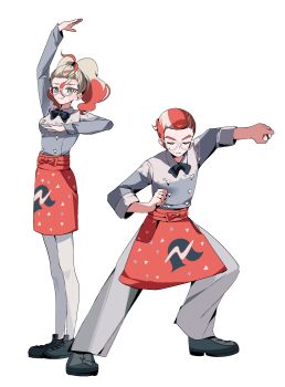 1boy 1girl absurdres apron black_bow black_bowtie blue_eyes bow bowtie ebi_(shrimp_eleven) embarrassed glasses grey_hair griselle_(pokemon) grisham_(pokemon) highres holding holding_poke_ball multicolored_hair nintendo pantyhose poke_ball pokemon pokemon_legends:_z-a pokemon_xy red_apron red_hair team_flare_grunt two-tone_hair white_background white_pantyhose