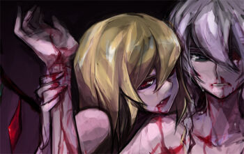 Rule 34 | 2girls, blonde hair, blood, blood on face, blue eyes, braid, female focus, flandre scarlet, hair over one eye, izayoi sakuya, multiple girls, red eyes, short hair, silver hair, tears, tima, touhou, vampire, wings