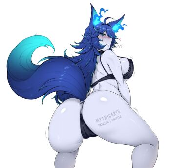 ahoge animal_ears ass ass_focus ass_shake back black_bra blue_eyes blue_hair bra breasts collar fiery_ears flaming_ears huge_ass indie_virtual_youtuber large_breasts lingerie long_hair looking_back myth1carts panties scar scar_on_face spiked_collar spikes spite_(vtuber) tail thick_thighs thighs twerking underwear virtual_youtuber white_background wide_hips wolf_ears wolf_girl wolf_tail