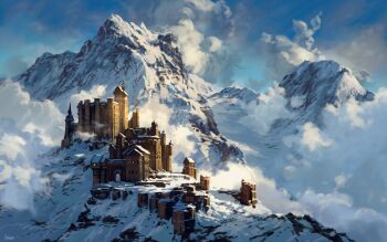 absurdres blue_sky building cloud commentary day english_commentary highres landscape mountain no_humans original outdoors philipp_urlich scenery sky snow