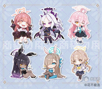 Rule 34 | 6+girls, :d, aru (blue archive), asuna (blue archive), asuna (bunny) (blue archive), backpack, bag, black boots, black gloves, black hair, black leotard, black pantyhose, black shoes, black skirt, black thighhighs, blue archive, blue background, blue eyes, blue halo, blue leotard, blue necktie, blush, boots, bow, bowtie, breasts, brown coat, brown hair, chinese commentary, cleavage, closed mouth, coat, commentary request, drop shadow, fang, fishnet pantyhose, fishnets, full body, gloves, grey hair, grey shoes, hair between eyes, halo, hifumi (blue archive), highres, hina (blue archive), hoshino (blue archive), hua bu neng yan, karin (blue archive), karin (bunny) (blue archive), leotard, long hair, long sleeves, looking at viewer, low twintails, mihuashi username, multiple girls, necktie, open clothes, open coat, open mouth, orange halo, pantyhose, parted bangs, pink hair, pink halo, plaid clothes, plaid skirt, playboy bunny, pleated skirt, ponytail, purple eyes, purple halo, red hair, school bag, school uniform, shirt, shoes, skirt, smile, socks, standing, standing on one leg, strapless, strapless leotard, teardrop, thighhighs, twintails, watermark, white shirt, white shoes, white socks, yawning, yellow bow, yellow bowtie, yellow eyes, yellow halo