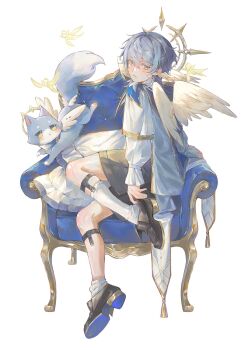 Rule 34 | 1boy, alicevseliet, alternate costume, animalization, blue hair, cat, couch, feathered wings, full body, halo, halo behind head, hashtag-only commentary, head wings, highres, honkai: star rail, honkai (series), long sleeves, medium hair, pillow, shoes, shorts, socks, sunday (honkai: star rail), tail, wings, yellow eyes