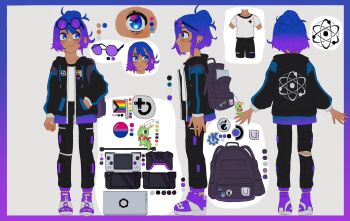 1girl absurdres ametrine_(bazzite) atom backpack bag bisexual_flag bisexual_flag_pin black-framed_eyewear black_bag black_hoodie blue_eyes blue_hair breasts cable color_guide computer controller double-parted_bangs drawstring earrings eyewear_on_head game_controller gamepad glasses gnome_(software) gradient_eyes gradient_hair grey_background hair_bun handheld_game_console highres hood hood_down hoodie jewelry kde kneepits laptop linux logo long_sleeves mascot multicolored_eyes multicolored_hair multiple_expressions multiple_views open_clothes open_hoodie pants parted_bangs pocket poulpi progress_pride_flag purple-tinted_eyewear purple_eyes purple_hair rainbow_flag reference_sheet round_eyewear shoes short_hair simple_background single_hair_bun small_breasts smile sneakers standing steam_deck tinted_eyewear turnaround unworn_backpack unworn_bag