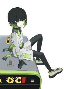 1girl absurdres back_bow black_bow black_gloves black_hair black_pantyhose borrowed_character bow bowtie closed_mouth collar colored_inner_hair commentary_request diamond_hair_ornament east_japan_railway_company flower gloves gradient_bow gradient_hair green_bow green_bowtie green_eyes green_hair highres japan_railways jr_east_e235_series looking_at_viewer multicolored_bow multicolored_hair multiple_unit_train original pantyhose personification shoes short_hair simple_background solo sunflower train veronal_oisiiyo white_background