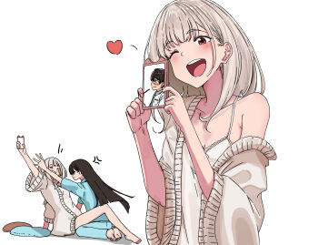 1boy 2girls absurdres angry barefoot black_hair blue_pajamas breasts brown_eyes cellphone_photo cleavage food hashtag-only_commentary highres holding holding_food holding_phone holding_pocky jyuunen-kun long_hair make_heroine_ga_oo_sugiru! multiple_girls nightgown nukumizu_kaju nukumizu_kazuhiko open_mouth pajamas phone pocky school_uniform shiratama_riko tsuwabuki_high_school_uniform white_background white_hair white_nightgown