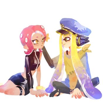 2girls agent_3_(splatoon) agent_8_(splatoon) black_skirt blonde_hair captain_3_(splatoon) closed_mouth crop_top eye_contact gradient_hair green_eyes gucandiyi52092 hat headgear indian_style inkling inkling_girl inkling_player_character long_hair long_sleeves looking_at_another medium_hair miniskirt multicolored_hair multiple_girls nintendo no_lineart octoling octoling_girl octoling_player_character orange_eyes patchwork_clothes peaked_cap pencil_skirt purple_hair simple_background single_bare_shoulder single_sleeve sitting skirt smile splatoon_(series) splatoon_2 splatoon_2:_octo_expansion splatoon_3 thigh_strap two-tone_hair very_long_hair white_background yokozuwari zipper