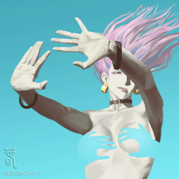1girl absurdres artist_name black_sclera breasts choker colored_sclera covering_breasts covering_privates curse earrings floating_hair hair_floating_upwards highres jewelry jujutsu_kaisen long_hair nude outstretched_hand partially_invisible pink_eyes pink_hair simple_background sleemonkv solo uro_takako