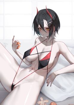 1girl absurdres annasui_factory azur_lane black_hair black_nails blush breasts ear_piercing expressionless food fruit hair_between_eyes hair_ornament hairclip hand_up highres holding holding_food holding_fruit horns jewelry knee_up lying medium_breasts medium_hair multicolored_hair multiple_piercings navel navel_piercing on_back on_pillow piercing ring sitting slit_pupils solo spread_legs stomach swimsuit thighs two-tone_hair two-tone_swimsuit ulrich_von_hutten_(azur_lane) wedding_ring white_hair yellow_eyes