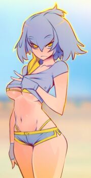 10s 1girl arm_at_side bikini bikini_under_clothes breasts chromatic_aberration closed_mouth cowboy_shot crop_top cursor dolphin_shorts doxy female_focus fingerless_gloves gloves grey_gloves hair_between_eyes highleg highleg_bikini kemono_friends large_breasts looking_at_viewer medium_hair micro_shorts navel shoebill_(kemono_friends) short_sleeves shorts solo string_bikini swimsuit tsurime underboob v yellow_eyes