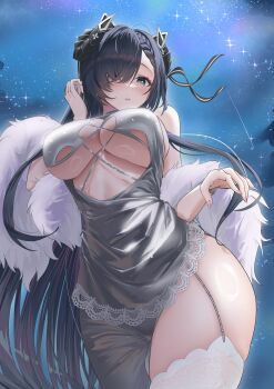 1girl absurdres august_von_parseval_(azur_lane) august_von_parseval_(night_rendezvous_with_the_unhulde)_(azur_lane) azur_lane black_horns breasts commentary_request curled_horns dress feather_boa from_below fur_shawl glitter_dress grey_eyes grey_hair hair_over_one_eye highres horns large_breasts long_hair looking_at_viewer mechanical_horns night official_alternate_costume one_eye_covered pink_nails shawl silver_dress sky solo star_(sky) starry_sky thighhighs underboob very_long_hair white_thighhighs yanagi_naoya