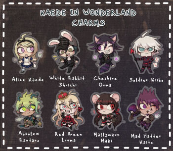 Rule 34 | 3girls, 5girls, @ @, akamatsu kaede, alice's adventures in wonderland, alice (alice in wonderland), alice (alice in wonderland) (cosplay), amami rantaro, animal ears, antennae, bad id, bad tumblr id, black bow, blonde hair, blue dress, bow, card, cat boy, cat ears, character name, cheshire cat (alice in wonderland), cheshire cat (alice in wonderland) (cosplay), chibi, commentary, cosplay, danganronpa (series), danganronpa v3: killing harmony, dotted line, dress, english commentary, english text, grey outline, harukawa maki, hat, heart, heart-shaped pupils, holding, holding pocket watch, holding polearm, holding sword, holding unworn clothes, holding unworn hat, holding weapon, iruma miu, k1-b0, kemonomimi mode, leg up, mad hatter (alice in wonderland), mad hatter (alice in wonderland) (cosplay), mallymkun, mallymkun (cosplay), momota kaito, mouse ears, mouse girl, multiple girls, notice lines, oma kokichi, one eye closed, outline, playing card, pocket watch, polearm, purple hair, purple hat, queen of hearts (alice in wonderland), queen of hearts (alice in wonderland) (cosplay), rabbit boy, rabbit ears, rabbit tail, rapier, saihara shuichi, salemtama, spear, surprised, sword, symbol-shaped pupils, tail, unworn hat, unworn headwear, watch, weapon, white rabbit (alice in wonderland), white rabbit (alice in wonderland) (cosplay)