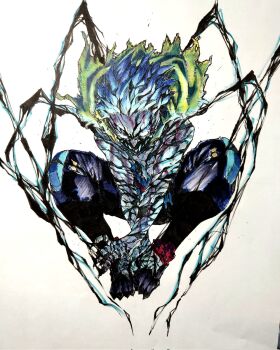 &gt;:) 1boy a_(mitei7926) black_whip_(boku_no_hero_academia) blood boku_no_hero_academia determined full_body green_hair highres male_focus midoriya_izuku scarf short_hair simple_background solo spiked_hair tendril topless_male torn_clothes torn_scarf v-shaped_eyebrows white_background