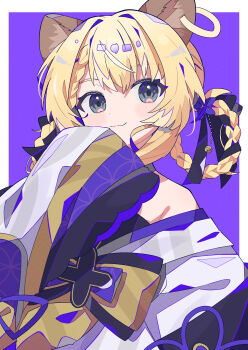 1girl :3 animal_ears aramedraw bare_shoulders blonde_hair blush border braid braided_hair_rings closed_mouth commentary_request dot_nose earrings grey_eyes hair_rings hand_up highres jewelry lion_ears lion_girl long_sleeves looking_at_viewer noripro outside_border purple_background regrush_lionheart shirt short_hair simple_background single_earring sleeves_past_fingers sleeves_past_wrists smile solo upper_body virtual_youtuber white_border white_shirt wide_sleeves