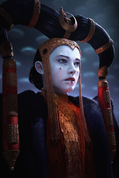 1girl balance_sheet commentary english_commentary facepaint highres indoors makeup official_art padme_amidala realistic solo star_wars star_wars:_the_phantom_menace upper_body white_facepaint