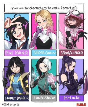 6+girls absurdres ahoge animal_print animification aqua_background aqua_bodysuit aqua_eyes arm_up armor artist_name bare_shoulders belt between_fingers black_bodysuit black_eyes black_gloves black_hair black_jacket blonde_hair blue_background blue_bodysuit blue_eyes blue_vest bodysuit breasts brown_hair character_name closed_mouth collared_shirt earpiece elbow_gloves english_text eyelashes fingernails gloves gradient_hair grey_armor grey_eyes gwen_stacy hair_between_eyes hand_up hands_up heterochromia hida_haruka highres holding holding_sword holding_weapon hood hooded_bodysuit jacket katana laura_kinney leg_up long_hair looking_at_viewer looking_to_the_side luna_snow magic marvel marvel_future_fight medium_breasts medium_hair multicolored_bodysuit multicolored_hair multiple_drawing_challenge multiple_girls necktie one_eye_closed open_clothes open_jacket open_mouth peni_parker piercing pink_background pink_bodysuit pink_eyes pink_hair ponytail psylocke purple_background purple_belt purple_eyes purple_gloves purple_hair purple_shirt red_necktie sakura_spider scar scar_across_eye scar_on_face school_uniform shirt shonen_jump short_hair short_sleeves shoulder_armor shounen_jump shueisha sidelocks silk simple_background six_fanarts_challenge sleeveless sleeveless_shirt smile spider-gwen spider-man_(series) spider-verse spider_print spider_web spider_web_print standing superhero_costume sushi_pizza_rrr sword teeth tongue two-tone_bodysuit two-tone_gloves two-tone_hair v v-shaped_eyebrows vest weapon web_shooter white_bodysuit white_gloves white_hair white_shirt x-23 x-men