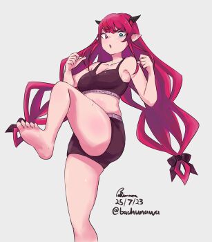 1girl absurdres bachunawa barefoot breasts commentary dated english_commentary heterochromia highres hololive hololive_english horns irys_(hololive) kicking long_hair looking_at_viewer medium_breasts pointy_ears red_hair signature simple_background solo stomach sweat thighs very_long_hair virtual_youtuber workout_clothes