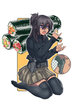 1girl black_hair black_thighhighs cb_(c-board) commentary_request dark-skinned_female dark_skin eating ehoumaki food gun handgun highres holster holstered long_hair makizushi original ponytail purple_eyes short_ponytail sitting solo sushi thighhighs turtleneck wariza weapon weapon_request x-ray