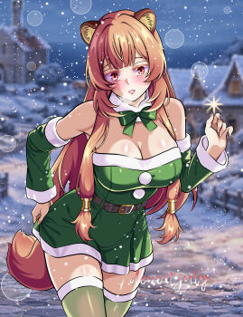 absurdres alternate_costume animal_ear_fluff animal_ears artist_name belt blunt_bangs blush bow bowtie breasts brown_hair christmas cleavage collar commentary commentary_request covered_navel cowboy_shot denoitjuly detached_sleeves dress english_commentary eyelashes green_bow green_bowtie green_dress green_sleeves hand_up highres large_breasts leaning_forward light_particles long_hair long_sleeves metal_hair_tubes mixed-language_commentary night outdoors parted_lips pom_pom_(clothes) raccoon_ears raccoon_girl raccoon_tail raphtalia red_eyes shiny_skin short_dress skirt_hold sleeveless sleeveless_dress snowing spanish_commentary sparkle standing straight_hair strapless strapless_dress tail tate_no_yuusha_no_nariagari thighhighs variant_set watermark white_collar white_thighhighs zettai_ryouiki