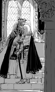 2girls bang_dream! bang_dream!_it's_mygo!!!!! cape commentary_request crown greyscale hair_ribbon hand_in_another's_hair highres holding holding_sword holding_weapon indoors kiss kissing_forehead knight medieval misumi_uika monochrome multiple_girls pankoryo queen ribbon spot_color standing sword togawa_sakiko two_side_up weapon yellow_eyes yuri