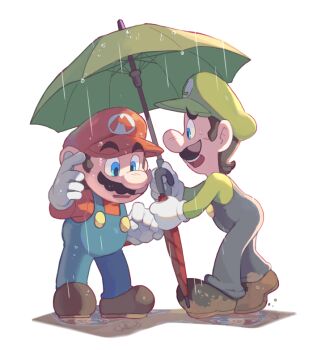 2boys blue_eyes blue_pants brothers brown_footwear brown_hair buttons closed_umbrella facial_hair full_body gloves green_headwear green_shirt green_umbrella hand_up hat holding holding_umbrella hoshikuzu_pan long_sleeves looking_at_another luigi male_focus mario mario_(series) mud multiple_boys mustache nintendo open_mouth overalls pants profile puddle rain raised_eyebrows red_headwear red_shirt red_umbrella shirt shoes short_hair siblings simple_background standing super_mario_bros._1 teeth umbrella upper_teeth_only white_background white_gloves