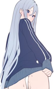 1girl absurdres blue_eyes blue_hair blue_jacket blush bottomless closed_mouth commentary_request cowboy_shot double-parted_bangs double_vertical_stripe embarrassed eyes_visible_through_hair from_behind from_below genmai_komeko gluteal_fold hair_between_eyes hair_intakes highres jacket jacket_tug light_frown long_hair long_sleeves looking_at_viewer looking_back project_sekai puffy_long_sleeves puffy_sleeves pussy_juice raised_inner_eyebrows simple_background sleeves_past_wrists solo standing straight_hair very_long_hair white_background yoisaki_kanade