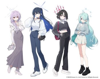 atsuko_(blue_archive) bag black_choker black_hair black_jacket black_shoes blue_archive blue_hair boots braid breasts choker closed_mouth commentary_request cropped_jacket full_body hair_between_eyes hair_ornament hair_over_one_eye hair_over_shoulder hairclip hand_on_own_hip hayashi_kewi high_heel_boots high_heels highres hiyori_(blue_archive) holding index_finger_raised jacket long_hair long_sleeves looking_at_viewer misaki_(blue_archive) multicolored_hair multiple_girls navel off_shoulder official_art own_hands_together pants purple_hair red_eyes saori_(blue_archive) shirt shoes short_hair simple_background single_braid skirt sleeves_past_wrists sneakers standing track_jacket track_pants turtleneck very_long_hair white_background white_shoes