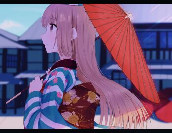1girl architecture blonde_hair blue_kimono brown_eyes brown_sash building closed_mouth cloud commentary_request day east_asian_architecture floral_print floral_print_kimono from_side highres holding holding_umbrella idolmaster idolmaster_cinderella_girls idolmaster_cinderella_girls_starlight_stage japanese_clothes kimono letterboxed long_hair long_sleeves oil-paper_umbrella outdoors print_kimono profile red_umbrella smile solo sparkle striped_clothes striped_kimono tsuchi_(sh_spica1) umbrella upper_body vertical-striped_clothes vertical-striped_kimono yorita_yoshino