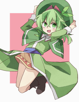 1girl blush_stickers boots brown_boots brown_ribbon brown_skirt capelet collar commentary_request eyelashes footwear_ribbon full_body green_capelet green_eyes green_hair green_hat green_kimono hands_on_headwear hat japanese_clothes kimono knee_boots lace-trimmed_collar lace_trim long_sleeves looking_at_viewer medium_hair miniskirt minoru_minoru open_mouth original ribbon seoi_ha skirt smile solo square touhou touhou_shizenyu triangle_print white_background white_collar white_trim