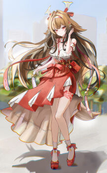 1girl absurdres bag bow breasts brown_hair cleavage commentary droopy_ears english_commentary frills full_body gang_ryeol gradient_hair hair_ornament headband high_heels highres large_breasts leg_tattoo long_skirt multicolored_hair official_alternate_costume outdoors red_eyes skirt strap tail tattoo ye_shunguang ye_shunguang_(touch_of_dawnlight) zenless_zone_zero