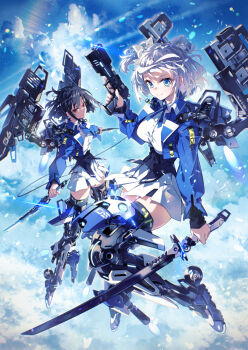 Rule 34 | 2girls, black hair, black thighhighs, blue eyes, blue jacket, blue sky, character request, closed mouth, cloud, collared shirt, commentary request, day, dress shirt, dual wielding, grey hair, gun, hand up, handgun, hayakawa harui, highres, holding, holding gun, holding sword, holding weapon, jacket, katana, long sleeves, mecha musume, multiple girls, official art, open clothes, open jacket, outdoors, pleated skirt, puffy long sleeves, puffy sleeves, red eyes, shirt, skirt, sky, smile, sword, thighhighs, v-shaped eyebrows, valkyrie impulse, weapon, weapon request, white shirt, white skirt