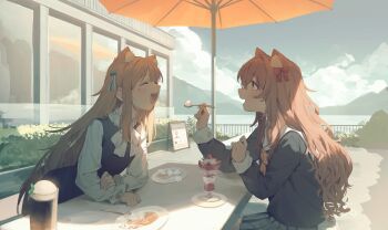 2girls animal_ears black_dress blush bow bowtie cafe cat_ears closed_eyes cloud cloudy_sky collar commentary curly_hair dappled_sunlight dress facial_tattoo fang feeding flat_chest food frilled_collar frilled_sleeves frills from_side hair_bow heart heart_tattoo highres lake leaning_forward light_brown_hair long_hair long_sleeves looking_at_another mountain multiple_girls nyum open_mouth orange_bow orange_bowtie original outdoors parfait pleated_skirt purple_eyes scenery school_uniform signature sitting skirt sky smile sunlight table tattoo umbrella very_long_hair white_bow white_bowtie