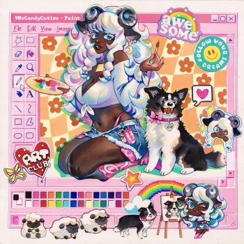 1girl animal_ears bell blue_eyes boots breasts chibi cleavage colored_eyelashes commentary dark-skinned_female dark_skin dog earrings easel english_commentary english_text gouache_(medium) heart highres holding holding_paint_palette holding_paintbrush horns jewelry large_breasts long_hair looking_at_viewer microsoft_paint_(software) microsoft_windows midriff navel neck_bell off_shoulder one_eye_closed original paint_palette paintbrush painting_(medium) parted_lips pink_boots pixelated rainbow rian_gonzales sheep sheep_ears sheep_girl sheep_horns sitting solo sparkle spoken_heart star_(symbol) tongue tongue_out traditional_media watercolor_(medium) white_hair windows_classic