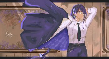 1girl absurdres accessories alternate_costume alternate_universe arm_over_head arm_over_shoulder artist_name belt black_belt breasts collar_chain_(jewelry) collared_shirt detective ear_chain ear_ornament ear_piercing earrings flower formal_clothes genshin_impact glasses hair_flower hair_ornament highres jacket jacket_on_shoulders jacket_partially_removed jewelry light_rays linked_piercing long_hair looking_afar looking_to_the_side looking_up medium_breasts mole mole_under_eye necktie open_clothes open_jacket painting_(object) pants picture_frame piercing purple_hair purple_jacket purple_pants putting_on_jacket raiden_shogun semi-rimless_eyewear shirt signature sky_(thelowsky) striped_wall suit very_long_hair white_shirt wooden_wall