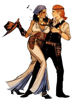 Rule 34 | 2girls, alternate costume, aveline vallen, bell-bottoms, black hair, black pants, black vest, bracelet, breasts, brown corset, cleavage, commentary, corset, cowboy hat, cowboy western, cyq kk, dark-skinned female, dark skin, dragon age, dragon age 2, earrings, english commentary, eye contact, full body, gloves, gun, hand on another's waist, handgun, hat, highres, holster, interracial, isabela (dragon age), jewelry, large breasts, leg between thighs, looking at another, multiple girls, necklace, orange hair, pants, revolver, shirt, vest, weapon, white background, white shirt, yuri