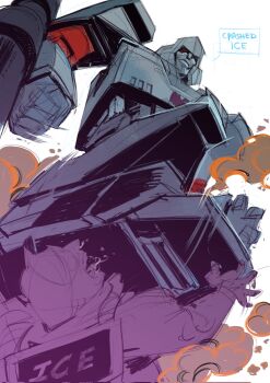 2boys arm_cannon commentary death decepticon dust_cloud english_commentary english_text evil_grin evil_smile f0rshiii from_below full_body grey_armor grin highres male_focus mecha mecha_focus megatron multiple_boys open_mouth red_eyes robot robot_boy saliva smile speech_bubble stomping transformers transformers:_generation_1 united_states_immigration_and_customs_enforcement weapon