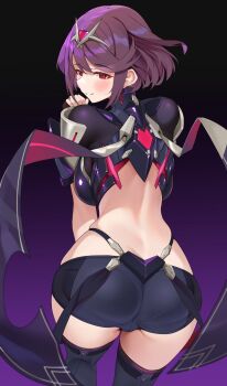 1girl ass black_background blush brown_eyes corruption cowboy_shot dark_persona from_behind gradient_background highres looking_at_viewer looking_back matrix16 official_alternate_color purple_background purple_hair pyra_(xenoblade) short_hair simple_background solo tiara xenoblade_chronicles_(series) xenoblade_chronicles_2