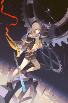 Rule 34 | 1girl, absurdres, ankle boots, ask (askzy), black boots, black coat, black gloves, black skirt, boots, closed mouth, coat, floating hair, full body, gloves, grey hair, high heel boots, high heels, highres, honkai: star rail, honkai (series), long hair, long sleeves, looking at viewer, night, night sky, open clothes, open coat, shirt, skirt, sky, smile, standing, star (sky), starry sky, stelle (honkai: star rail), thigh strap, trailblazer (honkai: star rail), white shirt, yellow eyes